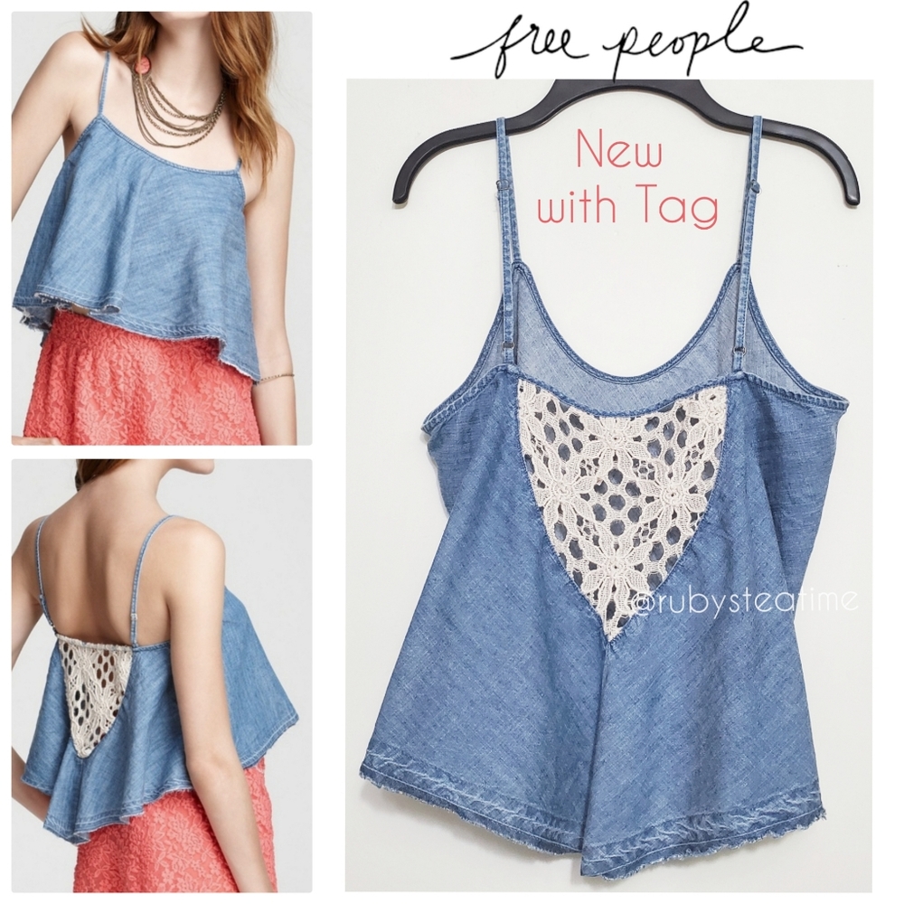 FREE PEOPLE Crochet Back Denim Lyocell Flowy Crop Tank Top, New With Tag